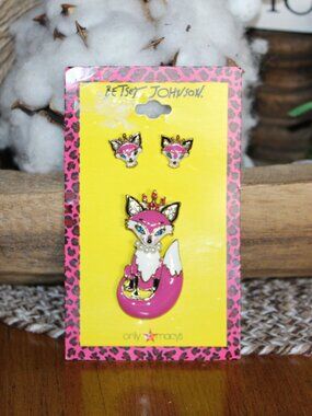 NWT Authentic Betsey Johnson Foxy Fox Enamel Brooch Earrings Set DAR:ING!!